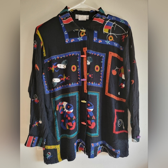 Vintage Nino Wong Abstract Black Shirt Sz M Made in USA 80's Vibes Unique Retro - Picture 3 of 14